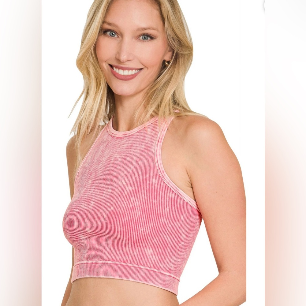 Zenana Outfitters Ribbed Crop Tops in Pink, Brown, and Green size S/M set of 3 - Picture 2 of 15